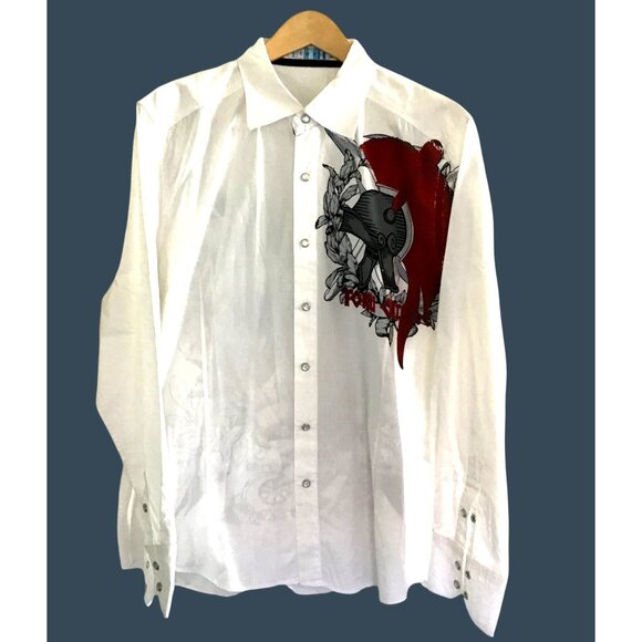 Mens Toku White Long Sleeve Button-Up Shirt With Red & Black Graphic Design Size - Picture 1 of 8